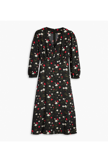 Levi's Women's Black Floral V Neck Long Sleeve Midi Dress