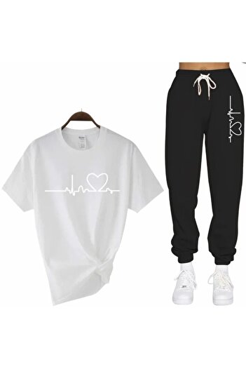 BE QUEEN Special Production White Heartbeat Printed Short Sleeve Summer Oversize Women's Tracksuit Set