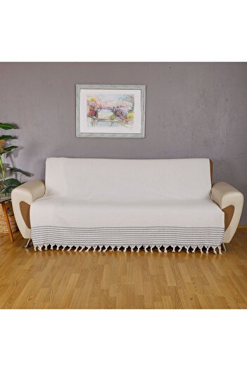 Bumedo Buldan Işi Pamuklu Koltuk Örtüsü 170x210 Cm Kaliteli Koltuk Şalı Çekyat Kanepe Örtüsü - Kreme Gri