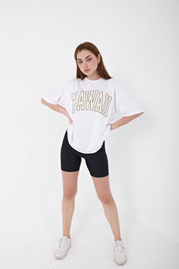 Mad&Calf Unisex Oversize Χαβάης εμπριμέ λευκό μπλουζάκι