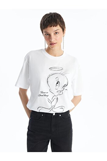 LC Waikiki Oversize dámské tričko LCW Vision Tweety s potiskem – výstřih, krátký rukáv