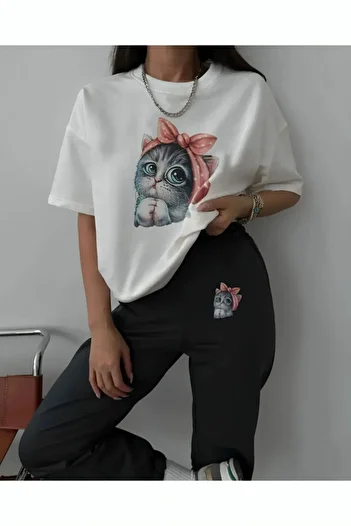 MUFFS STORE COPY - Cute Cat White T-Shirt Grey Sweatpants Jogger - Σετ αθλητικής φόρμας στο κάτω μέρος Crew Neck