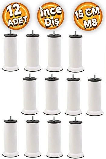 Badem10 White Metal Fine Threaded M8 15 Cm Sofa Base Armchair Sofa Bed Heightening Leg - 12 Pieces