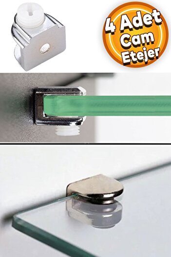 Badem10 Raf Ahşap Cam Tutucu Cam Etejer Düz Metal Krom Plastik Vidalı (4 Adet)