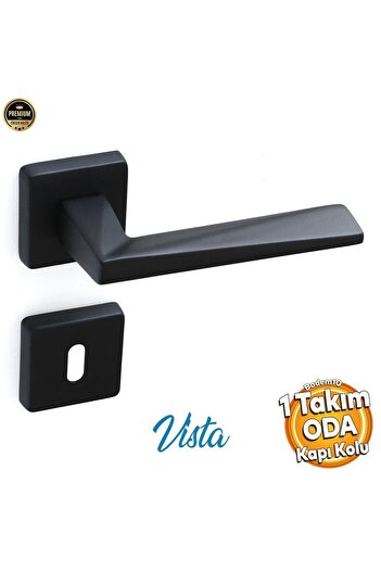 Badem10 Vista Mat Siyah Oda Kapı Kolu Kare Rozetli Sürgülü ve Çelik Kapı Kulpu Uyumlu Sağ Sol Uygun Kolları
