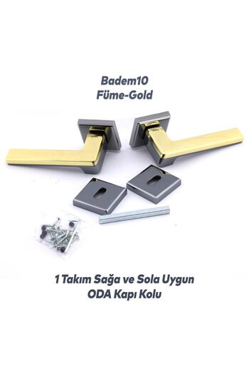 Badem10 (1 TAKIM) Defne Lüx Füme Gold Kare Rozetli Oda Kapısı Uyumlu Kolu Sağa Ve Sola Uygun Kapı Kolları