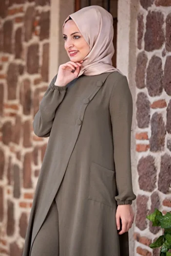 Fashion Showcase Women's Khaki Aerobin Fabric Hijab Top and Bottom Set