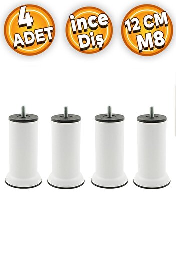Badem10 M8 White Metal Leg - Fine Thread Sofa Armchair Sofa Bed Heightening Leg, 12 Cm 4 Pieces
