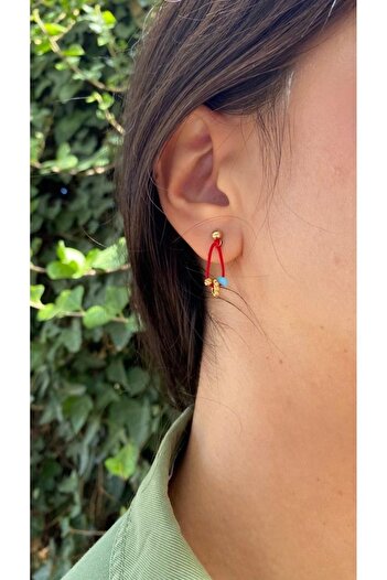 elamindunyasi Dorika And Blue Beaded Red Thread Luck Earrings Set