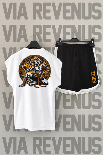 Vordevia Tiger Muay Thai - Crew Neck White and Black Sports T-shirt and Shorts Set