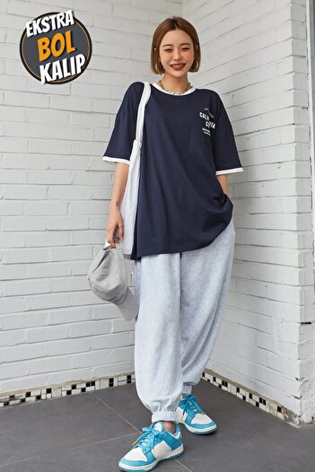 BSBSPOR Γκρι Μαύρο Loose Fit Oversize Φούτερ με ελαστικά πόδια ψηλή μέση