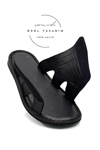 Moda Anna Sermoda Genuine Leather Black Men's Slippers - Light and Comfortable