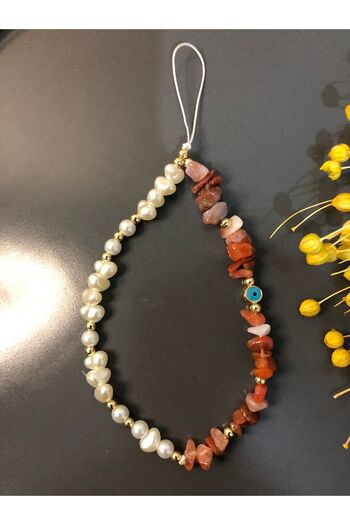 Stoneday Natural Stone Agate - Red and Broken Pearls Phone Strap and Charm Floss Accessory