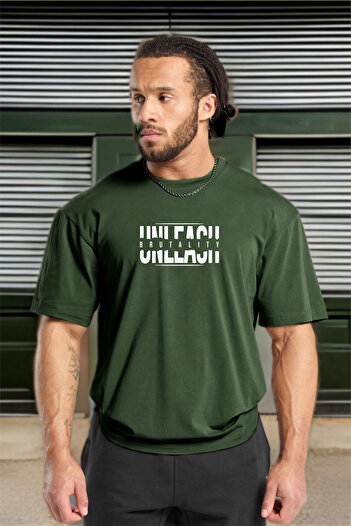 BESSA Unleash Printed Khaki Oversize βαμβακερό αθλητικό μπλουζάκι - Crew Neck