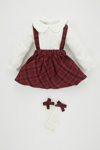 DeFacto Checked Salopet Dress, Long Sleeve T-Shirt and Socks 3 Piece Set for Baby Girl - B2380a523wn