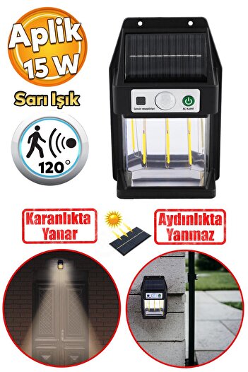 Badem10 Güneş Enerjili Dış Aydınlatma Yeni Nesil Ampül Sensörlü Sarı Işıklı Aplik 15 W Portatif Fener Lamba