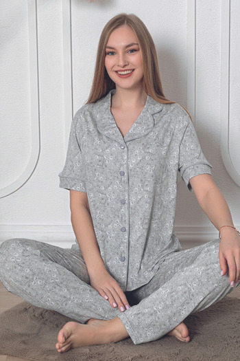 ZMT Collection Gray Floral Patterned Lycra Viscose Pajamas Set - Buttoned Front, Short Sleeve