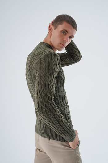 Trist Star Khaki Men's Knitwear Sweater - Half Turtleneck, Ribbed, Hair Braided TRIST-5343