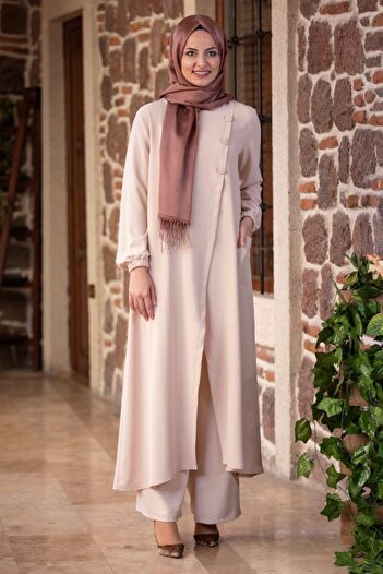 Fashion Showcase Women's Ecru Aerobin Fabric Hijab Top and Bottom Set