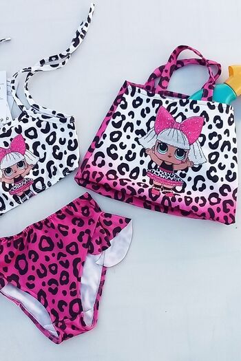 Genel Markalar Fuşya Pembe Kız Çocuk Leopar Baskılı Plaj Çantalı Bikini Takım
