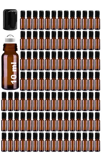 Afracam 10 ml Amber Çelik Roll On Şişesi 10 Cc Sızdırmaz Siyah Kapaklı Kahverengi Cam Şişe 100 Adet