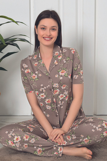 ZMT Collection women's Lycra pajamas with floral print - short sleeves and front button