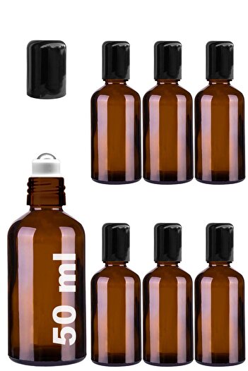 Afracam 50 ml Amber Çelik Roll On Şişesi 50 Cc Sızdırmaz Siyah Kapaklı Kahverengi Cam Şişe 6 Adet