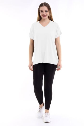 Devinka Women's White Large Size V-Neck Oversize Basic T-shirt