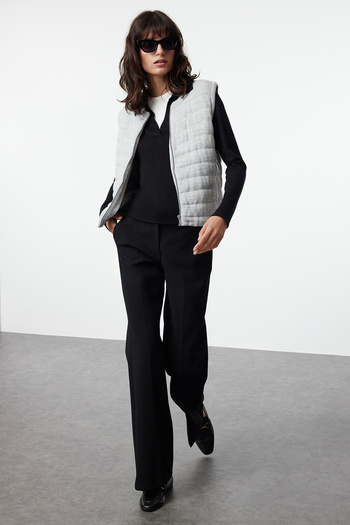 Trendyol Collection Crew Neck Gray Inflatable Knitwear Vest - Zippered, Melange Twoaw25Ye00020