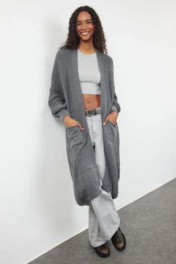 Trendyol Collection Anthracite Maxi Basic Knitwear Cardigan - Twoaw24Hi00096