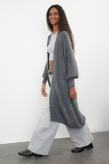 Trendyol Collection Anthracite Maxi Basic Knitwear Cardigan - Twoaw24Hi00096