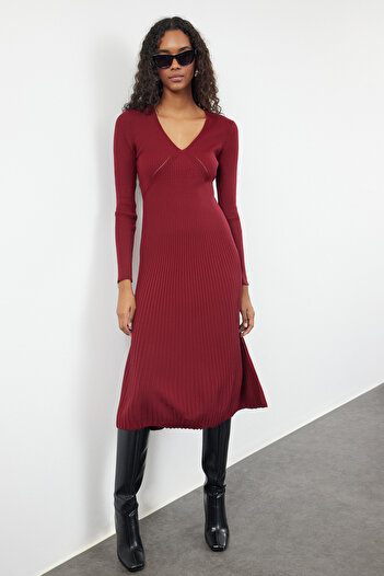 Trendyol Collection Claret Red Knitwear Midi Φόρεμα - Frilly Φούστα TWOAW25EL00055