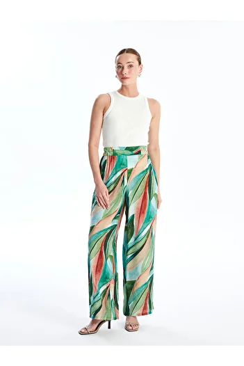 LC Waikiki Patterned Wide Leg - Elastic Waist Women's Trousers