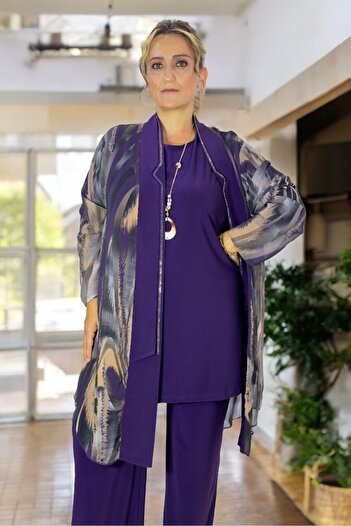 yagmurberen Büzy Fabric Shawl Collar Jacket and Trousers - Stone Embroidered, Unlined, Large Size Set of 3