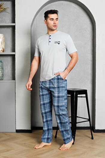 Ahengim Man Men's Pajama Set - Single Jersey Cotton, Short Sleeve, Plaid, Buttoned