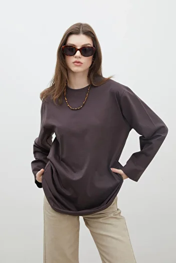 Manuka OVERSIZE BAWEŁNIANY T-SHIRT Z DŁUGIM RĘKAWEM JASNA KAWA
