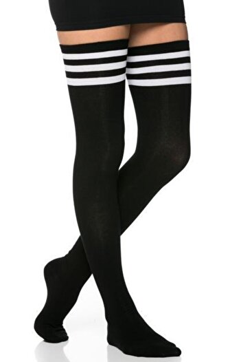 lovebox Women's 3 Stripe Detailed Cotton Black Knee Socks Garter Length Black Long Socks