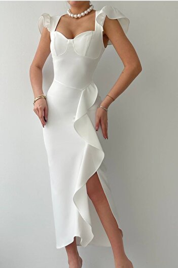 bayansepeti White Atlas Fabric Slit and Shoulder Detailed Flounce Design Midi Dress 256