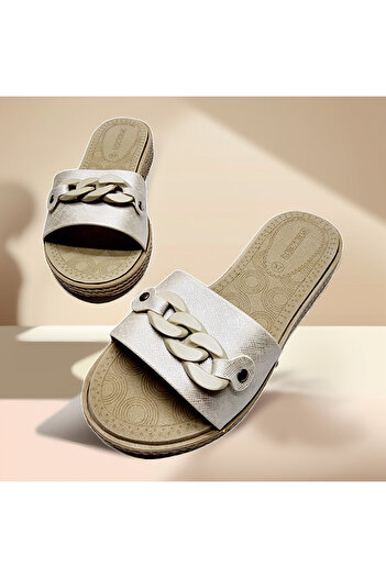 GEZER Straw Look Chain Detailed Daily Home and Outdoor Slippers