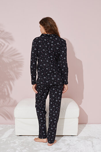Siyah İnci siyah beyaz küçük kalp desenli Pamuklu Düğmeli Pijama Takımı