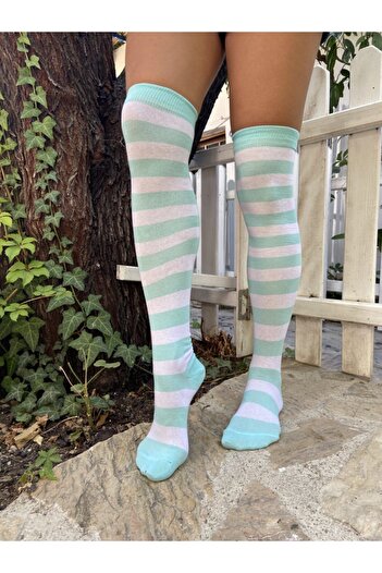 lovebox Women's Turquoise White Striped Cotton Knee Socks
