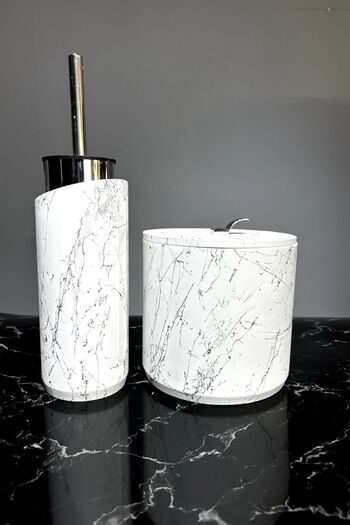 betonmall Marble Patterned Concrete Bathroom Set Toilet Brush Trash Can 4 Lt