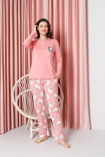 AHENGİM Rabbit Patterned Cotton Single Jersey Women's Pajama Set - Long Sleeve