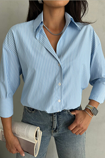 Ortaya Çık Pinstripe Blue Basic Shirt