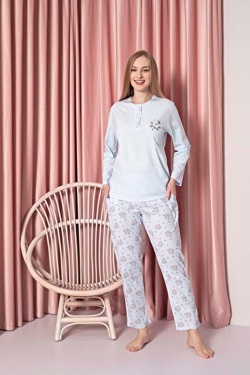 AHENGİM Single Jersey Cotton Floral Patterned Long Sleeve Women's Pajamas Set