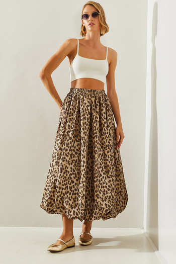 Bianco Lucci Leopard Patterned Satin Taffeta Balloon Women's Skirt - DE 241023 60251461
