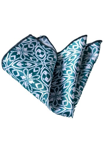 Exve Exclusive Dark Green Motif White Detailed Jacquard Satin Pocket Collar Handkerchief