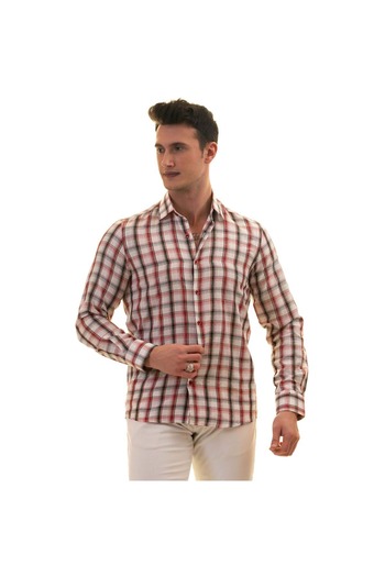 Exve Exclusive Red Black Plaid Checked Slim Fit Long Sleeve Men's Shirt on White