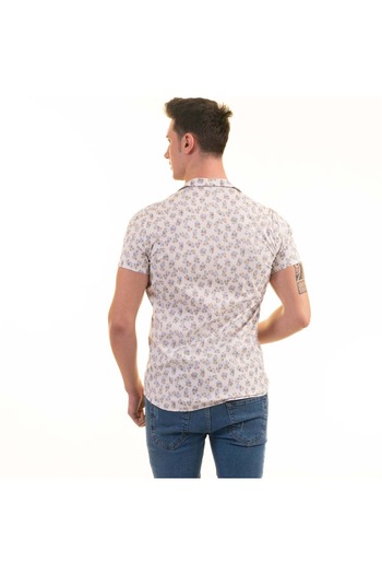 Exve Exclusive Beige, Brown and Blue Floral Printed Natural Viscose Men's Slim Fit Shirt