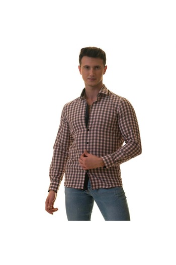 Exve Exclusive Navy Blue Red White Plaid Checked Slim Fit Long Sleeve Men's Shirt